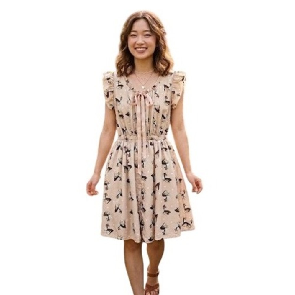 Chu Vi Vi Deer Polka Dot Flutter Sleeve Dress Beige‎ Cottagecore Kawaii Medium